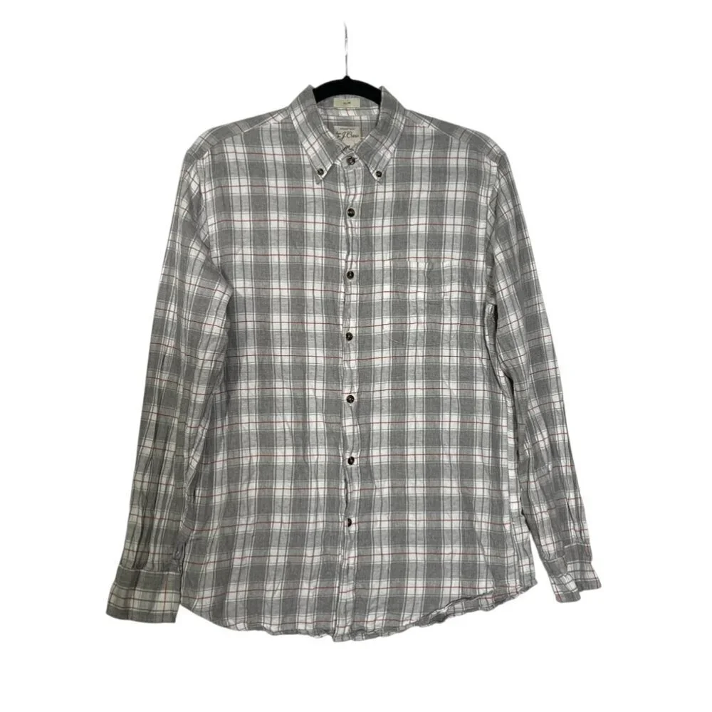J. Crew Brushed Twill Button Down Shirt Slim Fit in Grey White Red Plaid Size M
